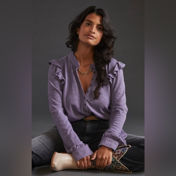 Pilcro Tops - Anthropologie Pilcro Lilac Purple Ruffle Thermal Henley, size XS, EUC!